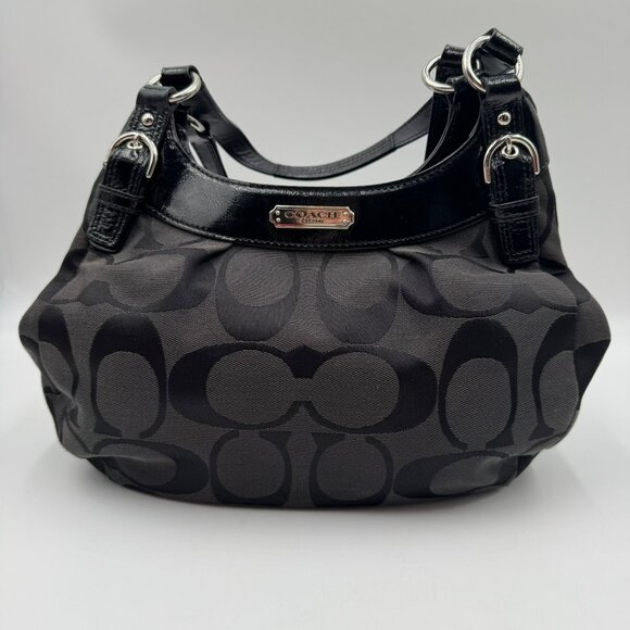Coach Soho Signature Black Hobo Bag E1220-F19445 Dual Handles Zip Closure Iconic - Picture 1 of 11